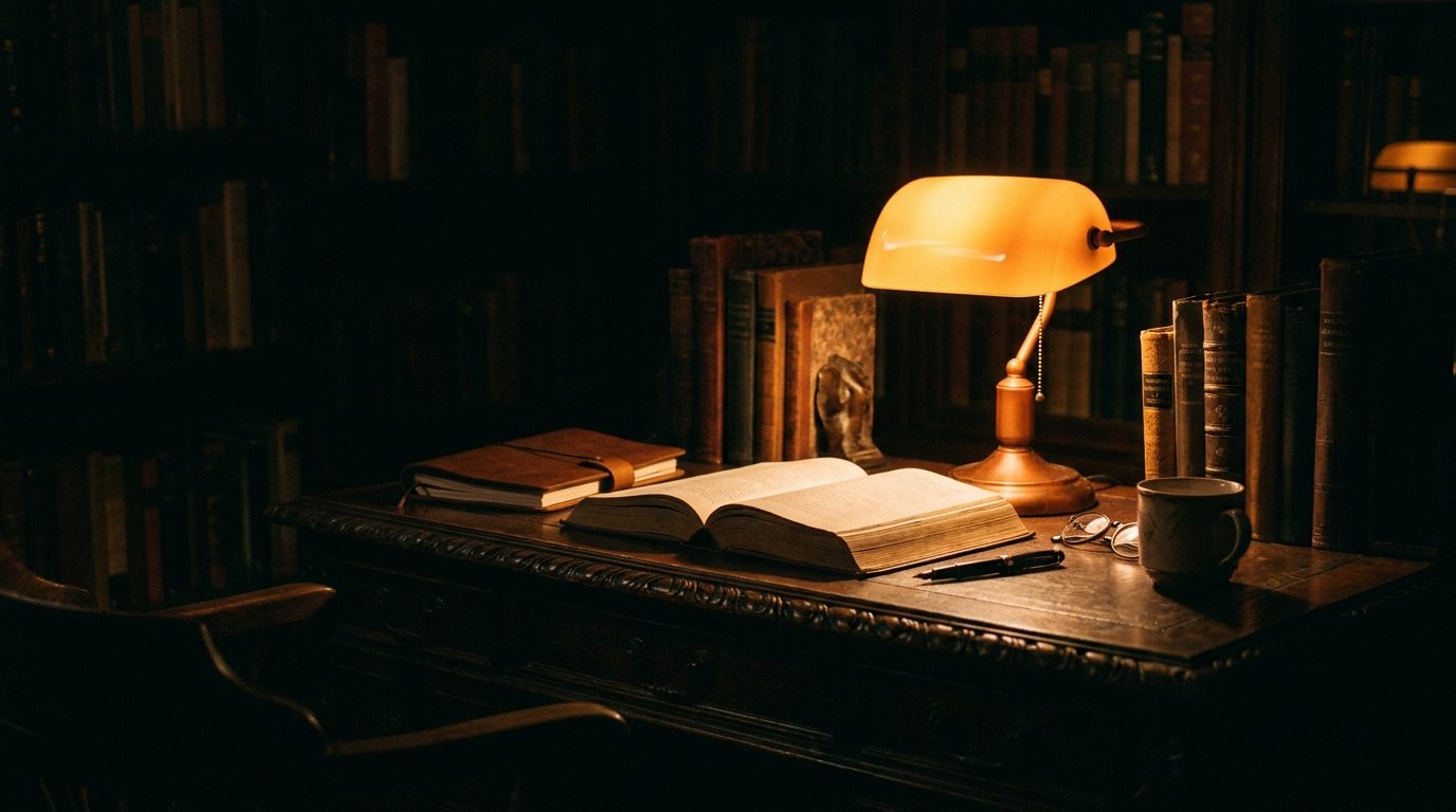 An open book lit by a single lamp on a dark desk